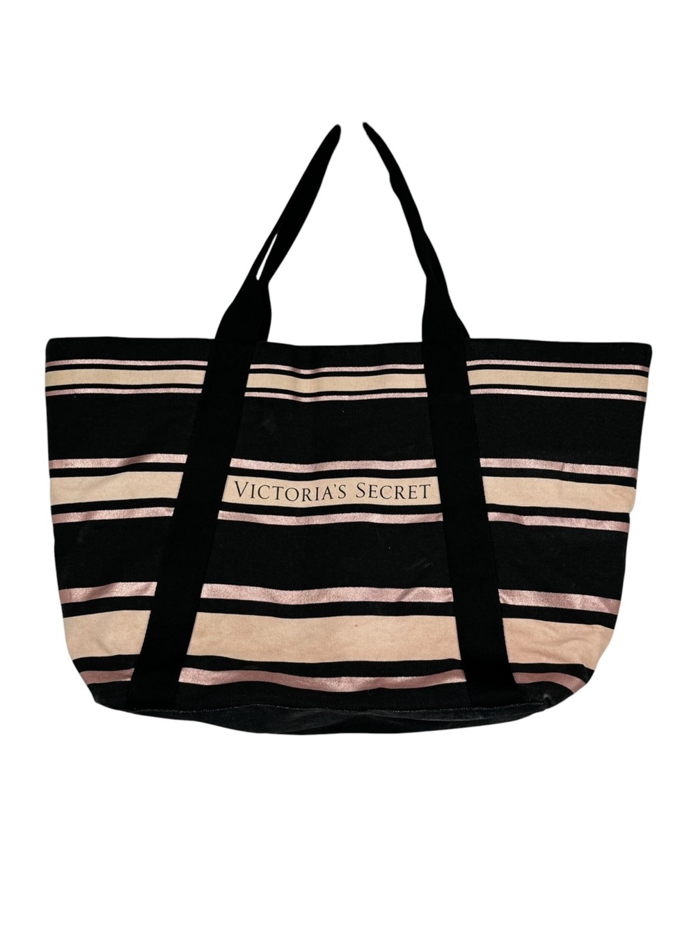 Victoria’s Secret Pink Rose Gold & Black Stripe Canvas Lined Tote Bag